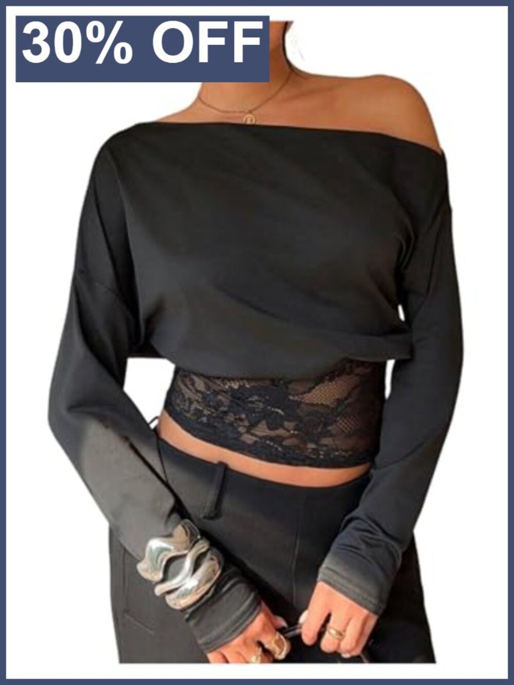 Off Shoulder Lace Trim Dolman Long Sleeve Party Top